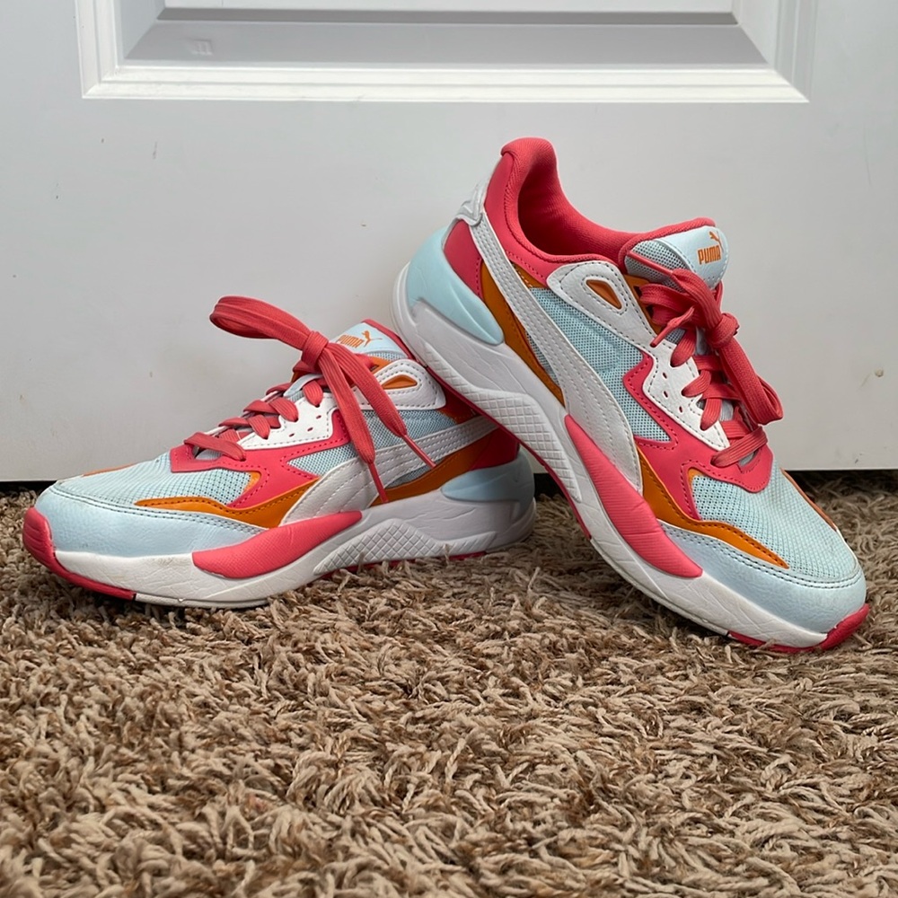 SOLD Offsite | Bright Pink Orange Blue and White Puma Trainers Size 8.5